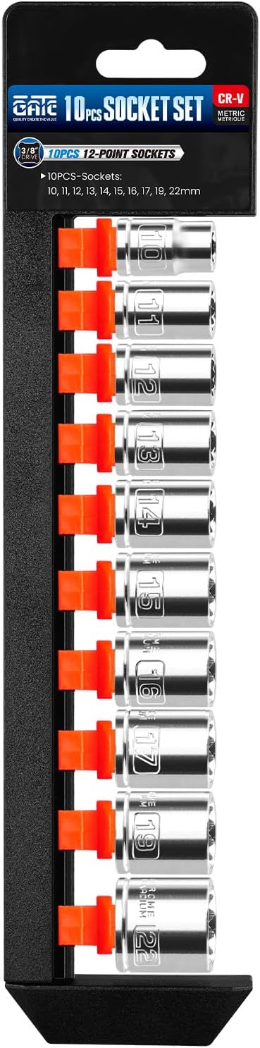 3/8 Inch Drive Socket Set - 10 Piece Metric 12-Point Shallow Socket Set (10mm, 11mm, 12mm, 13mm, 14mm, 15mm, 16mm, 17mm, 19mm, 22mm), Chrome Vanadium Steel
