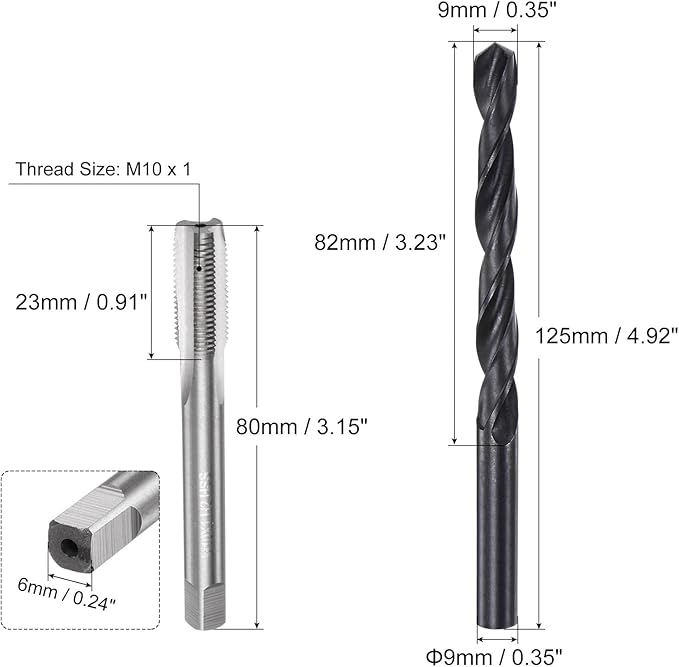 uxcell Metric Tap and Drill Bit Set, M10 x 1 Thread Tap & 9mm Black Oxide Twist Drill Bit, Straight Flute Tap Tapping Threading Repair Tool Kit