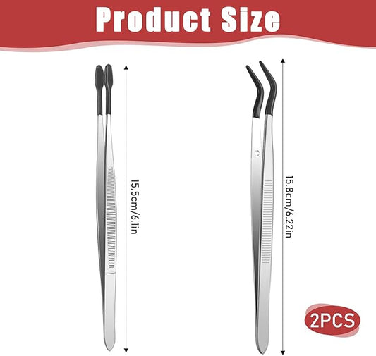 Rubber Tipped Tweezers, 2 Pcs PVC Coated Precision Tweezers Hobby Craft Tweezers Set, Long Bent and Straight Flat Tip Tweezers for Crafts Stamps Coin Beads Jewelry Industrial Electronic Lab (Black)