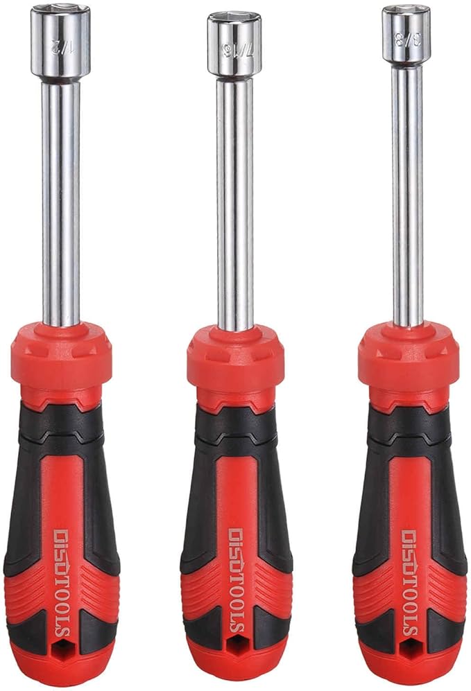 HARFINGTON 3 Pcs SAE Nut Driver 3/8" / 7/16" / 1/2" CR-V Non-Magnetic Tip Hollow Shafts Hex Socket Screwdriver with Anti-Slip Handle for Automobile Repair Bit Driver