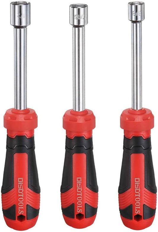 HARFINGTON 3 Pcs SAE Nut Driver 3/8" / 7/16" / 1/2" CR-V Non-Magnetic Tip Hollow Shafts Hex Socket Screwdriver with Anti-Slip Handle for Automobile Repair Bit Driver