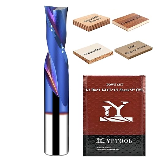 Long-Lasting Sharp 1/2 Downcut Spiral Router Bit - K30 Premium Carbide 2 Flute 1/2 Shank for Laminate Wood Plywood Cutting CNC Endmill with Nano Blue Coating 1-1/4'' CL, 3'' OVL