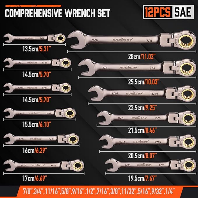 HORUSDY 12-Piece SAE Flex-Head Ratcheting Wrench Set with Organizer | 1/4??to 7/8??Ratchet Combination Wrenches Set | 72-Teeth | Chrome Vanadium Steel