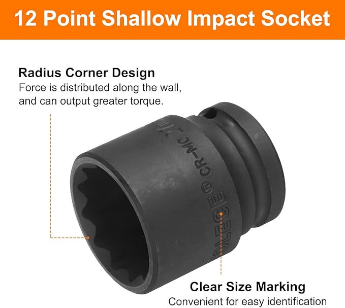 uxcell 1/2" Drive x 27mm Shallow Impact Socket 12-Point Metric CR-MO Steel Nut Impact Grade Socket for Auto Repair