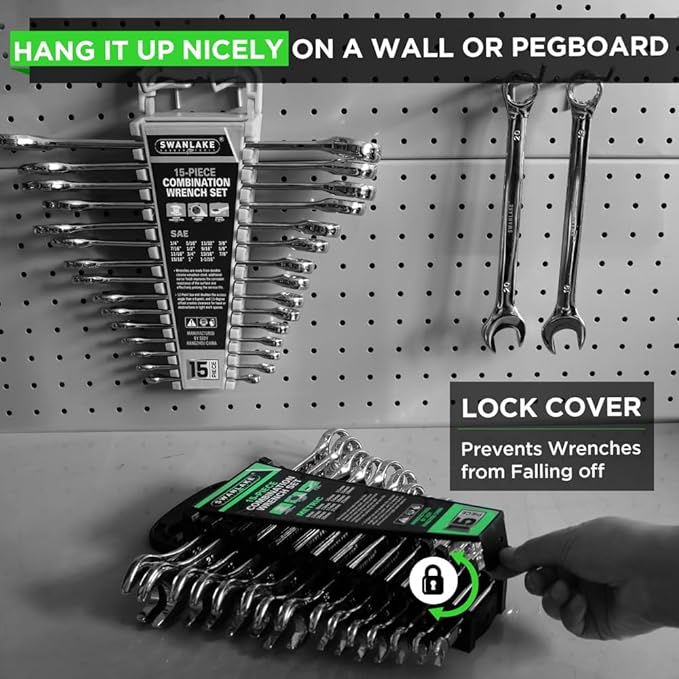 SWANLAKE GARDEN TOOLS 15-Piece Metric Wrench Sets, V Notch Premium Combination Wrench Set Metric 8-22mm, Max Torque, 12-Point, Chrome Vanadium Steel, with Storage Rack