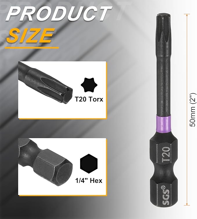 HARFINGTON 5pcs T20 Torx Head Impact Screwdriver Bits 1/4" Hex Shank 2" (50mm) Long Magnetic No Hole Tamper Proof 6 Point Star Screw Driver Drill Bits Phosphate S2 Steel Power Tools