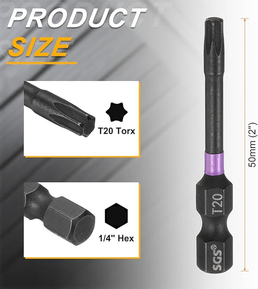 HARFINGTON 5pcs T20 Torx Head Impact Screwdriver Bits 1/4" Hex Shank 2" (50mm) Long Magnetic No Hole Tamper Proof 6 Point Star Screw Driver Drill Bits Phosphate S2 Steel Power Tools
