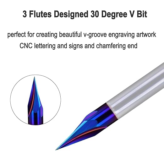 1/4" Shank 30 Degree Engraving Bit Carbide CNC Chamfer End Mill, 3-Flute V Groove Router Bit with Blue NACO Coating for Carving Engraving…