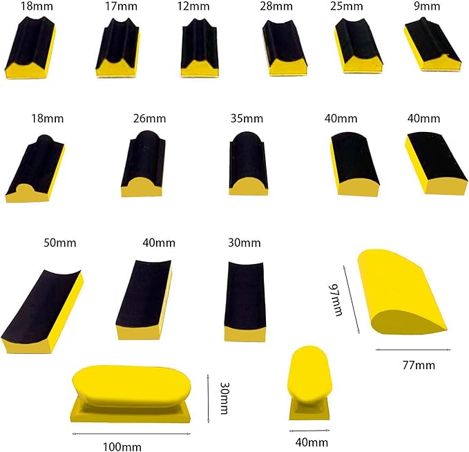 Hand Sanding Block Set of 16,Interchangeable Assorted Contoured Profile Sanding Pad Kit,Hook and Loop Abrasive Sanding Chassis for Sand Wood Furniture, Auto Paint and Crafts,Yellow