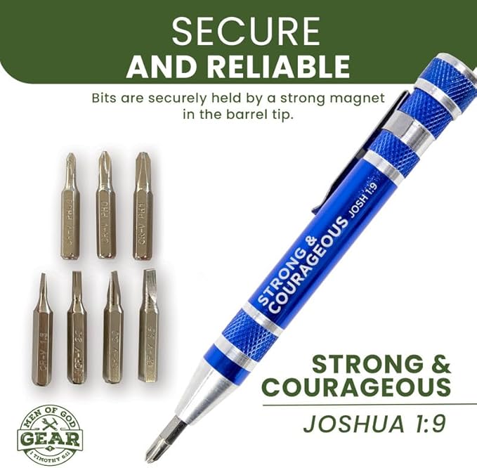 8-in-1 Pen Style Screwdriver ??Strong and Courageous, Josh 1:9 -Hidden 4.5" x 0.5" Pen Multitool with Screwdriver Bits, Storage Space & More - Christian Pocket Tools For Men