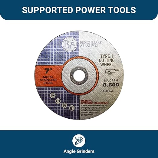 Benchmark Abrasives 7 Inch Aluminum Oxide Thin Type 1 Grinder Cut Off Wheels for Metal and Stainless Steel .045" Thick 7/8" Arbor, Angle Grinder Cutting Disc, Grinding Cutting Wheel - 25 Pack