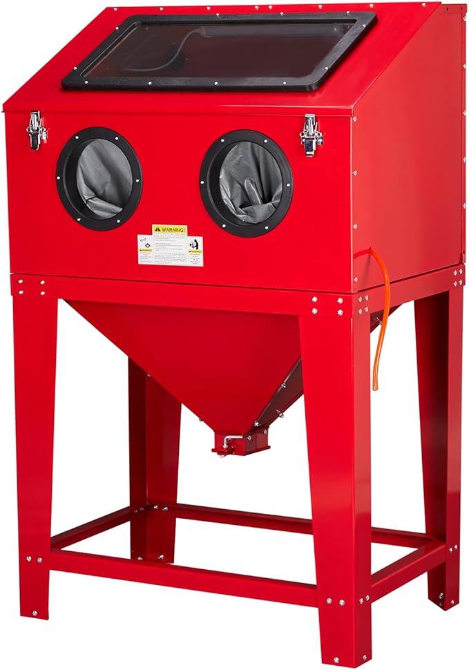90 Gallon Sandblasting Cabinet,40-80PSI Sand Blasting Cabinet with Glass Viewing Windows/LED Light, Heavy Duty Sand Blaster with 4 Nozzles & Blasting Gun for Paint, Rust Removal Red
