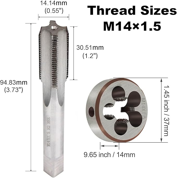 YUEARN M14 x 1.5 Metric Thread Tap and Die Set, M14 x 1.5mm High-speed Steel Machine Tap Die Set Right Hand Tap and Round Thread Die