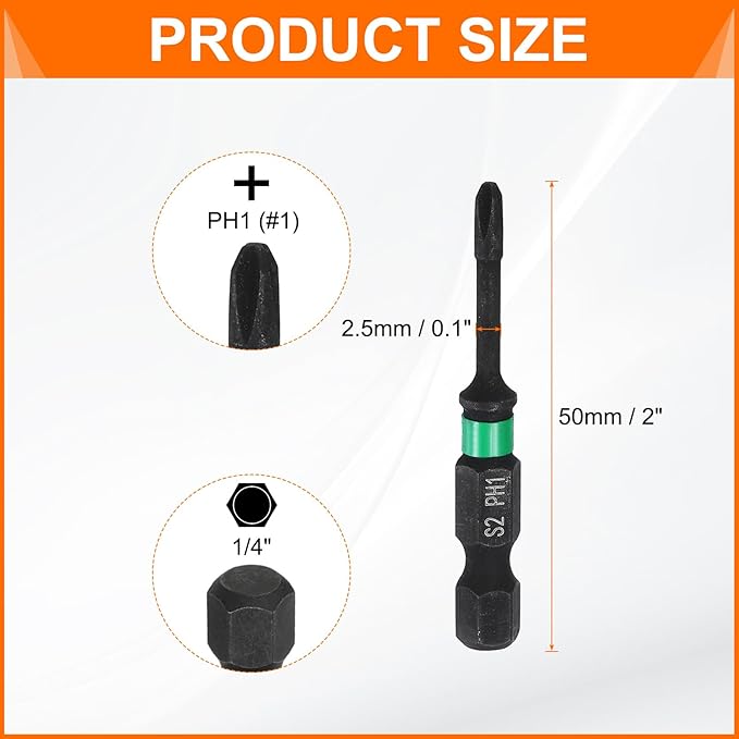 HARFINGTON 3pcs #1 Impact Phillips Screwdriver Bit PH1 1/4" Hex Shank 2" (50mm) Long 0.1" Rod Magnetic Cross Head Drill Bits S2 Steel Industrial Screw Driver for Impact Power Drivers