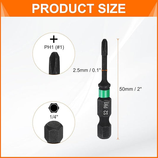 HARFINGTON 3pcs #1 Impact Phillips Screwdriver Bit PH1 1/4" Hex Shank 2" (50mm) Long 0.1" Rod Magnetic Cross Head Drill Bits S2 Steel Industrial Screw Driver for Impact Power Drivers