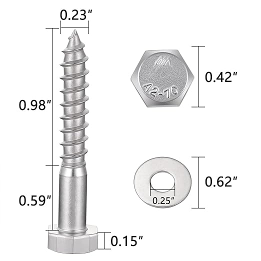 25 Pcs M6x1.57 Inch Hexagon Head Wood Screws Lag Screws for Woodworking 304 Stainless Steel 18-8 DIY Decoration Wall Wood Trim Decorative Wooden Plaques
