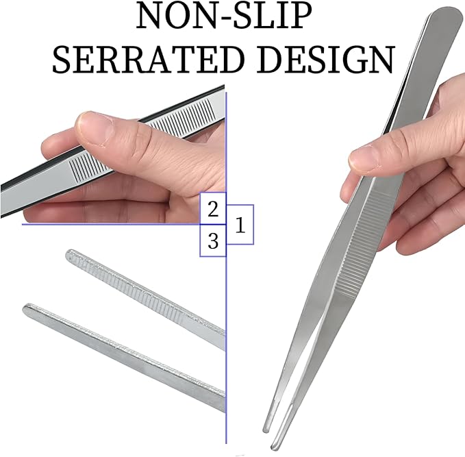 3Pcs Stainless Steel Tweezer Set (8" 10" 12"), Long Tweezers with Precision Serrated Straight Tips, Non-slip Multitool Tweezer for Cooking, Repairing, Medical, Garden