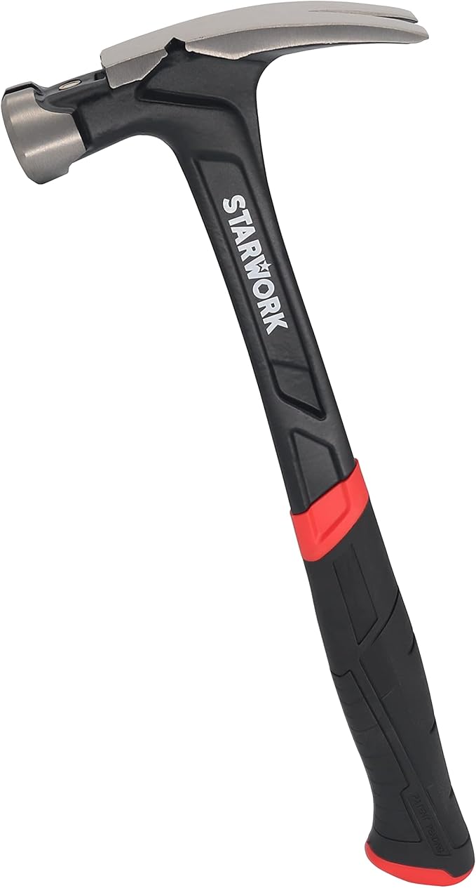 STARWORK 20 oz Hammer with Comfort Grip, Nailing Hammer Steel Head Steel Handle, AntiVibe, Rip Claw