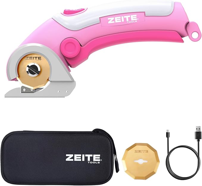 ZEITE 4V Cordless Scissors,Electric Cardboard Box Cutter with Titanium Coated HSS Blades,Stocking Stuffers for Men Gifts Christmas,Storage Case,Pink