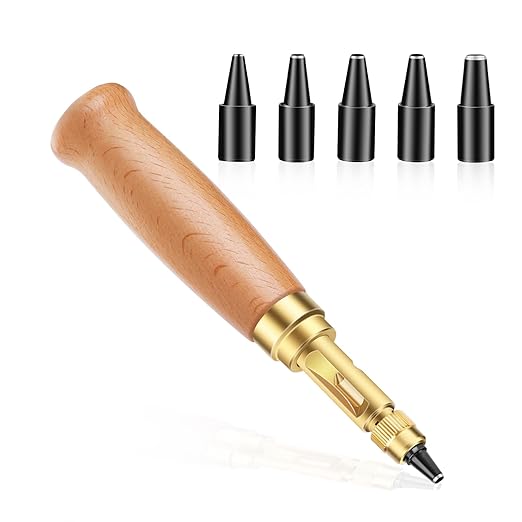Adjustable Leather Hole Punch Automatic Screw Hole Punch Tool with Wood Color Wooden Handle Bookbinding Tool Leather Hole Punch with 6 Tips Size 1.5mm/2mm/2.5mm/3mm/3.5mm/4mm
