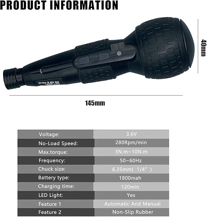 3.6V Cordless Electric Screwdriver Rechargeable portable Mini Rotary Home Gadget竊똀utomatic Manual all in one with LED Light and USB-C Charging Cable BLACK