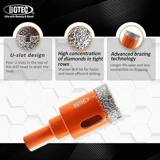 Dry Diamond Drill Bit - BGTEC 1pc 1" 25mm Hole Saw for Granite,Marble,Masonry, Concrete, Tile/Ceramic, Glass, Hard Plastic,Vacuum Brazed Diamond Core Drill Bit Kit