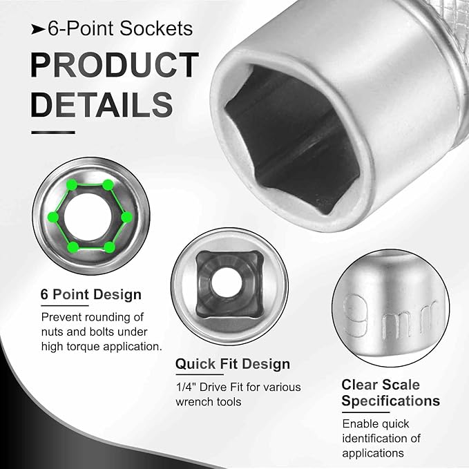 HARFINGTON 6 Points Deep Socket 1/4" Drive 9mm Deep Metric CR-V Steel Polished Nickel Plating Flip Sleeve 25mm / 1" Extra Long Socket Tool for Home Auto Nuts Bolts Repair