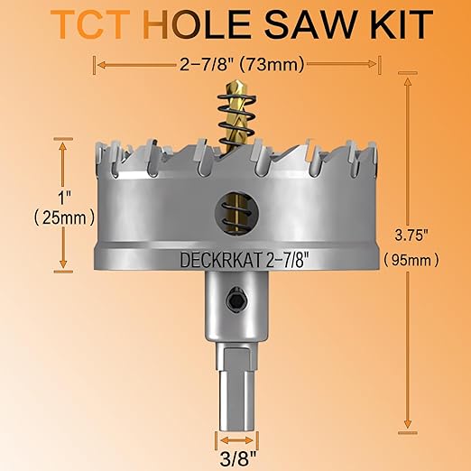 DECKRKAT 2-7/8" TCT Hole Saws for Hard Metal, Heavy Duty 73mm Tungsten Carbide Tipped Hole Cutters Set with Spring-Loaded Pilot Drill Bits for Stainless Steel, Metal, Iron, and Plastic.