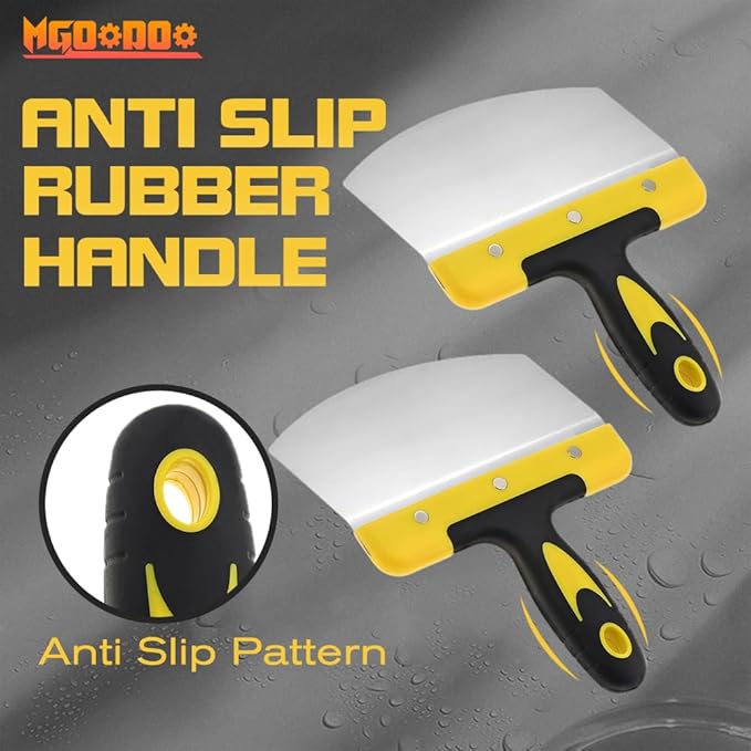Mgoodoo 2PCS Stainless Steel Bucket Scoop,6.7 inch Curved Contoured Blade Putty Knife for Drywall & Plaster,Rustproof Scraper Tools with Soft-Grip Handle for Clean Paint,Mortar,Putty,etc(Yellow)