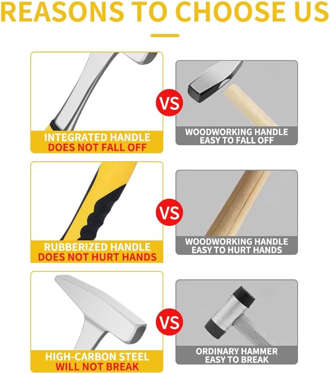 Sheet Metal Hammer – 11oz Tinsmith hammer with Integral Forging – for HVAC, Pipe Work, Sheet Metal, Square/Shaping/Tinning Hammer (300, Yellow)