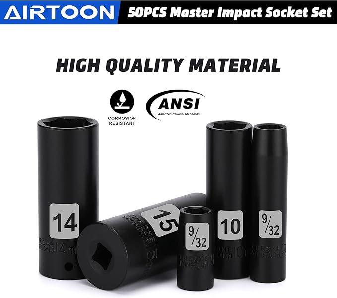 AIRTOON 1/4" Drive Impact Socket Set, 50-Piece, SAE (5/32 to 9/16 inch) and Metric (4-15mm) Size, Deep/Shallow, 6 Point, CR-V, Master Impact Socket for Household, Automotive Repair