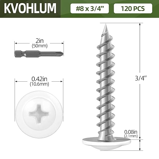 #8 x 3/4" (120 PCS) Modified Truss Head Wood Screws, Phillips Drive Quick Metal Self Tapping Screws, White Head, Full Thread, Screwdriver Bit Included