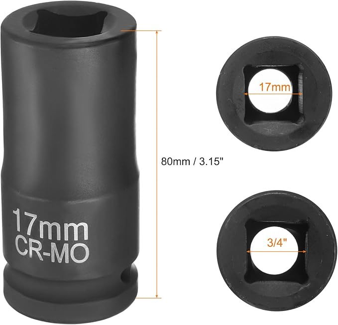 HARFINGTON 4 Point Square Socket 3/4" Drive 17mm Metric Square Impact Socket CR-MO Blackening Standard Wheel Sleeve Pneumatic Sleeve Tool for Auto Repair Mechanical Maintenance Home Use