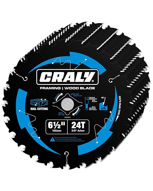 CRALY 6-1/2 Inch 24 Teeth Wood Cutting Framing Circular Saw Blade, 5/8 Inch Arbor, Carbide Tipped, Thin Kerf, Black Ice™ Coating, for Plywood, MDF, OSB, Laminated, 10-Pack(C0624FR-10)