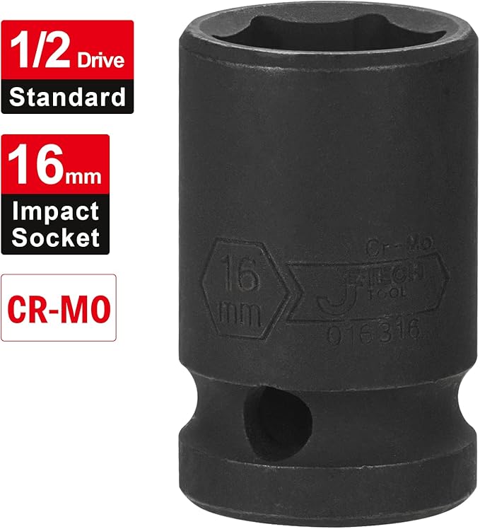 JETECH 1/2 Inch Drive 16mm Standard Impact Socket, Chrome Molybdenum Alloy Steel, 6-Point Design, Metric