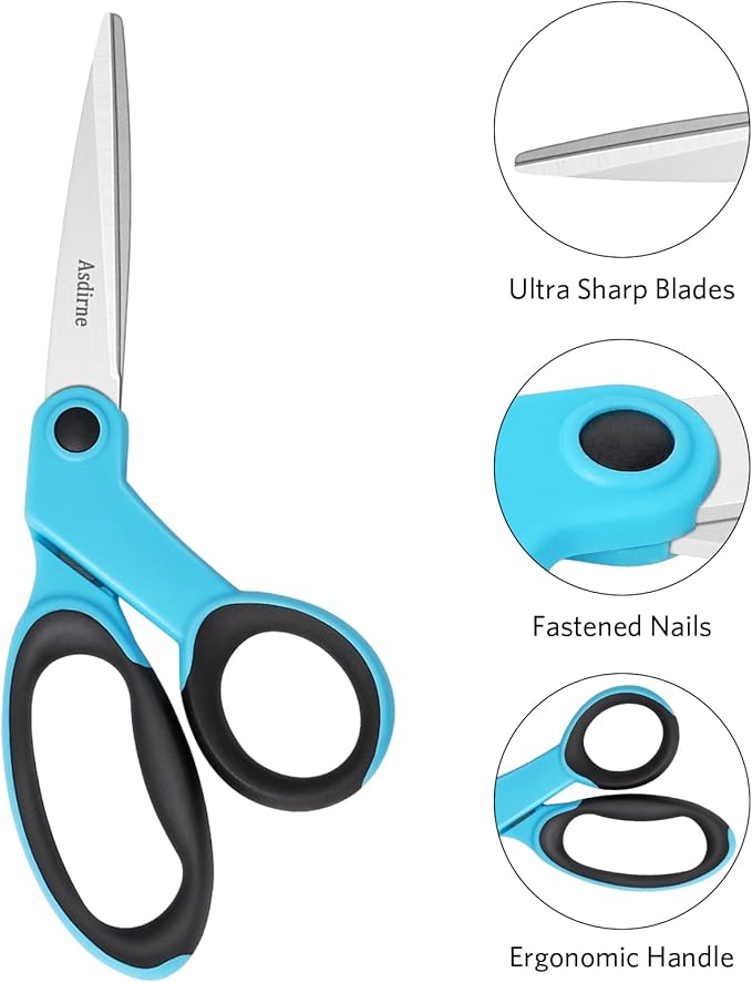 9" Fabric Scissors, Sewing Scissors with Sharp Stainless Steel Blade and Soft Handles, Great for Craft, Sewing, Office and All Purpose, 2 Pcs, Blue/Black