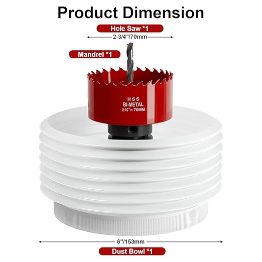 2-3/4" (70mm) Bi-Metal M42 High Speed Steel Hole Saw with Dust Bowl and Pilot Drill Bit, Smooth Cutting Edge for PVC, Drywall, Wood, Plastic, Gypsum Board, Rubber, Thin Metal