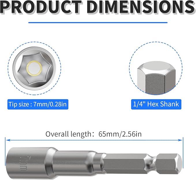FOCKEAMS 5Pcs 7mm/0.28in Magnetic Nut Setter Driver Drill Bit,Quick-Change,Impact Nut Driver Kit for Electric Drill,1/4" Hex Shank Drill Socket,65 mm Length Cr-V Adapter Drill Bits,Metric&SAE