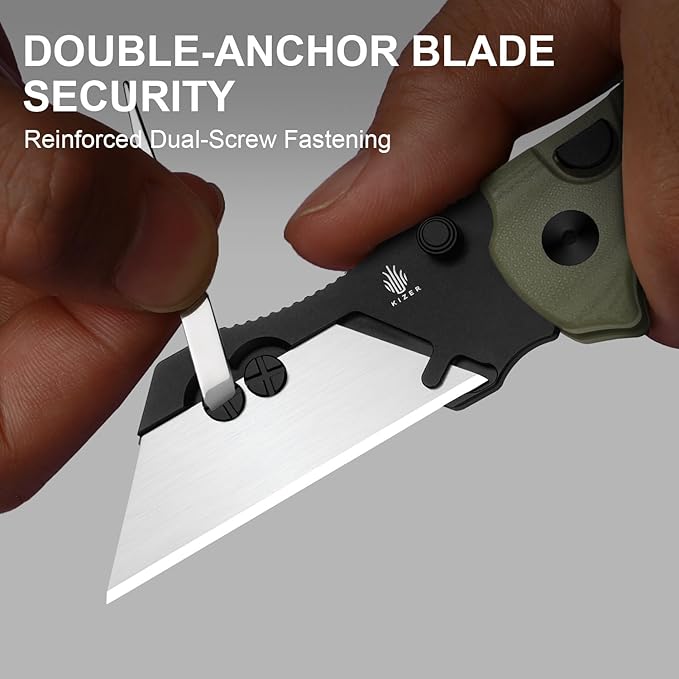 Kizer C01C Uti 1 (Dual-screw Version) Utility Knife, Button Liner Lock Box Cutter EDC Pocket Knife with 5PCS Razor Blades, Green G10 Handle Small Folding Knives with Clip for Men Women, V3488.29JSA2