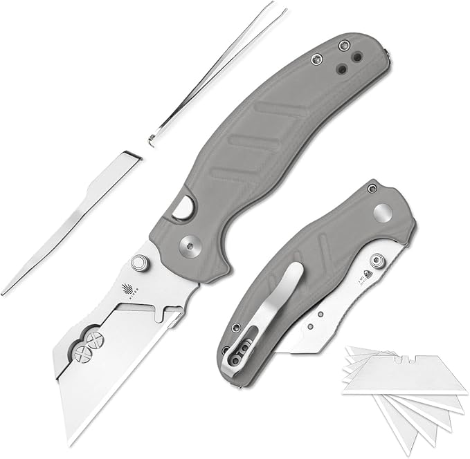 Kizer C01C Uti 1 (Dual-screw Version) Utility Knife, Button Liner Lock Box Cutter EDC Pocket Knife with 5PCS Razor Blades, Gray G10 Handle Small Folding Knives with Clip for Men Women, V3488.29JSA1