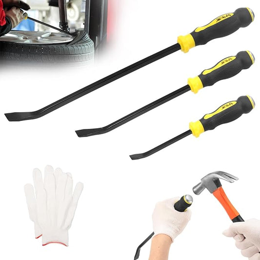 3 Piece Pry Bar Set, 8" 12" 18" Heavy Duty Pry Bar Set with Metal Strike Cap, Mechanic Hand Tools, Angled Tip Crowbar Removal Tool with Non Slip Rubber Handle for Demolition Work