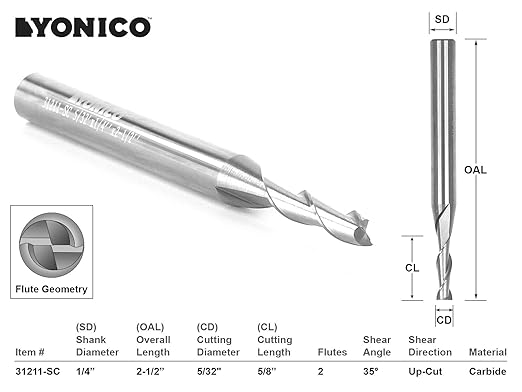 YONICO Upcut Router Bits Spiral 2 Flute Solid Carbide CNC End Mill 5/32-Inch Dia. 1/4-Inch Shank 31211-SC