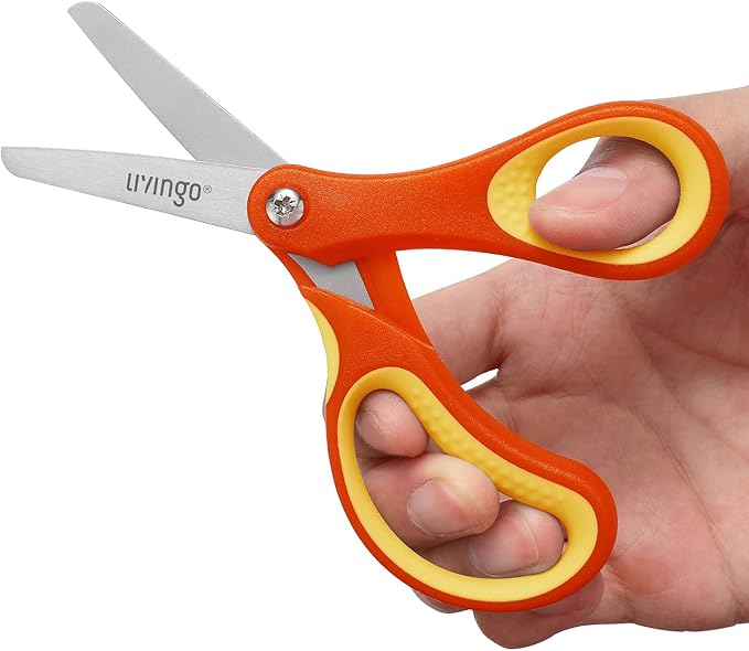 LIVINGO 3 Pack 5??Kids Scissors, Left/Right Handed Blunt Stainless Safety Toddler Preschool Child Scissors with Cover, School Classroom Craft Supplies for Teachers, Yellow/Blue/Gray
