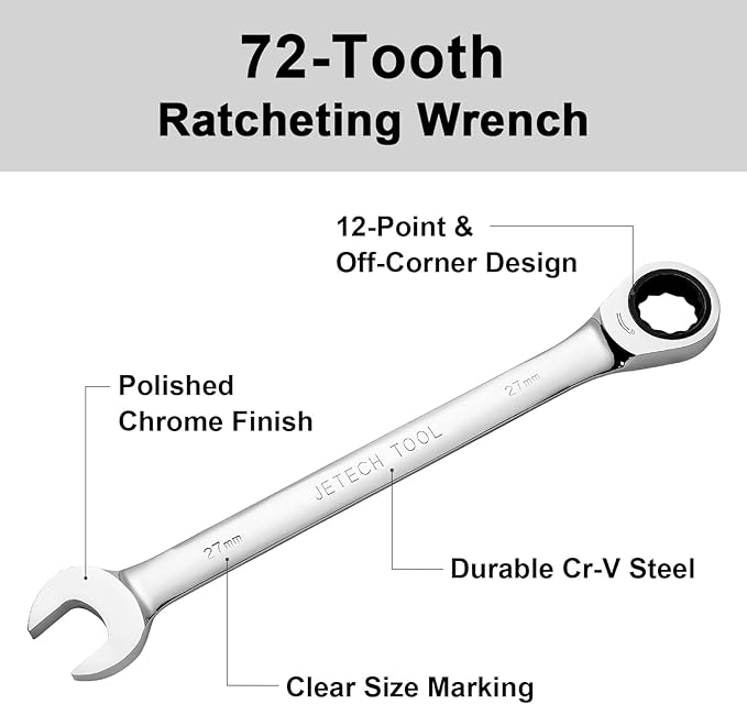Jetech 27mm Ratcheting Combination Wrench, Industrial Grade Gear Spanner with 12-Point 72-Tooth Ratchet, Forged and Heat-Treated Cr-V Steel, Metric