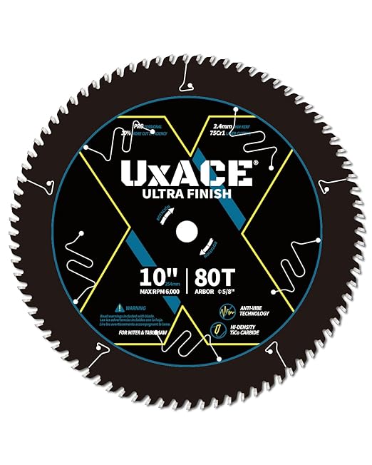 UXACE 10-Inch 80-Tooth Circular Saw Blade with 5/8-Inch Arbor, Ultra Finish Wood Cutting, Carbide Tip, Thin Kerf, for Plywood, MDF, OSB, Laminated