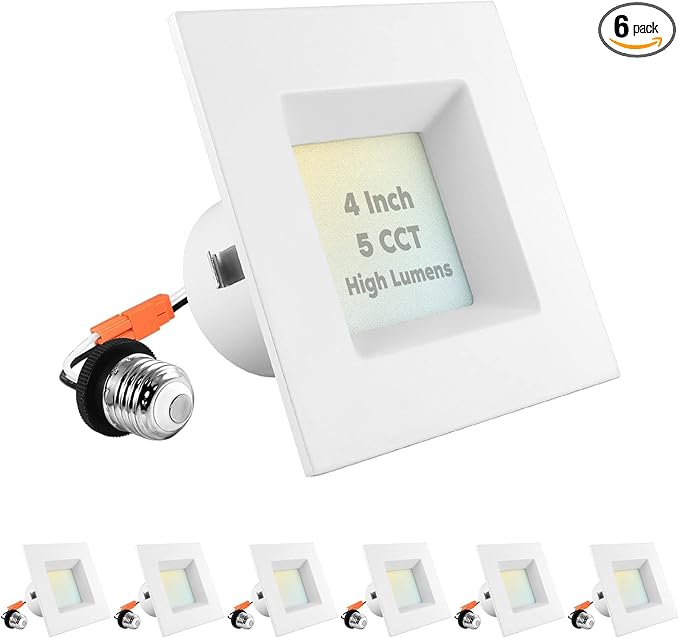 LUXRITE 4 Inch Square LED Recessed Can Lights, 14W=75W, 5 Color Options 2700K-5000K, 950 Lumens, Dimmable LED Retrofit Kit, Wet Rated, IC Rated, Energy Star, ETL Listed (6 Pack)