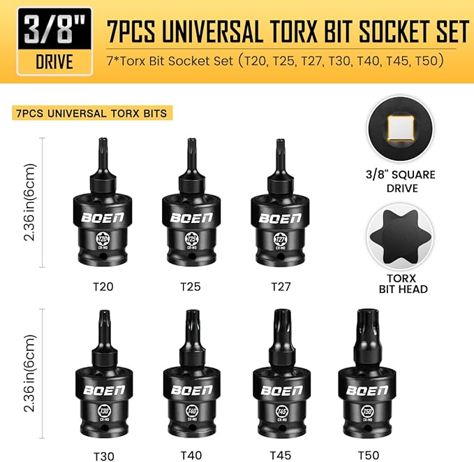 boen 3/8" Drive Universal Torx Bit Socket Set, 7-Piece SAE Impact Swivel Star Bit Sockets, 360째 Rotation Flexible Wobble Torx Bit Driver Socket Set, With Storage Rail, CR-MO Steel