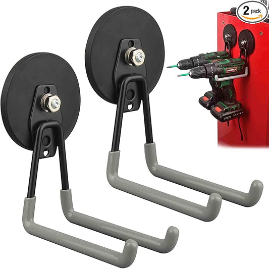 ULIBERMAGNET Magnetic Hooks,Heavy Duty Magnet Hooks,Large Manget with Hooks for Metal Cabinet Pegboard Garage Shelve Cart,2 Pack Tool Hook for Hammer Drill,Garden Tool(3.46inch/Silver)