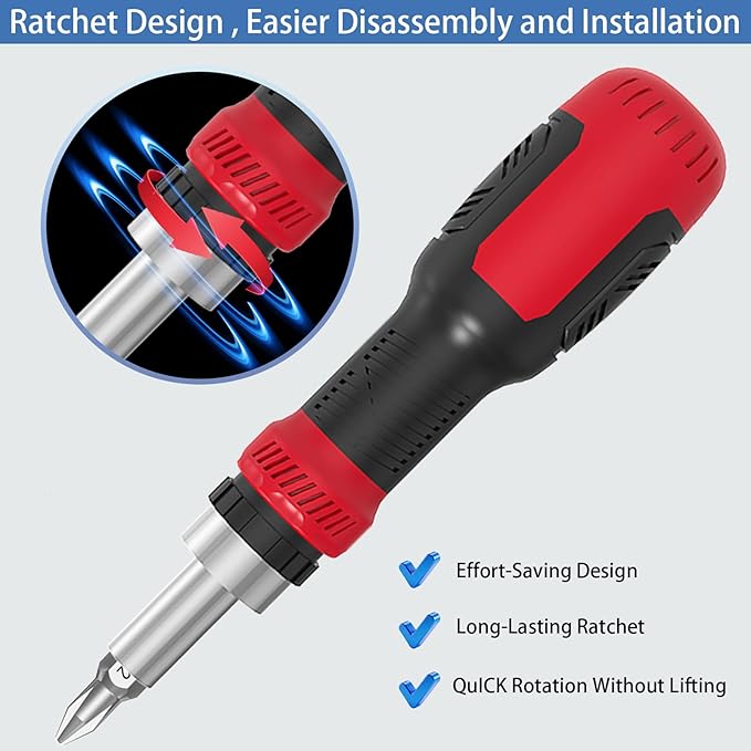 Ratcheting Screwdriver Bit Set, WOOPHEN 13-in-1 Multi Bit Ratchet Screw with Magnetic 1/4 Nut Driver Screwdriver, Suitable for Garage, Home, Workplace and DIY Repair (Red)