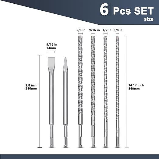 6 Pcs 3/8 to 5/8 inch (10-16mm) SDS Plus Rotary Hammer Drill Bits and Chisel Set, SDS Plus Masonry Drill Bits Set for Concrete, Brick, Cement，Masonry Work 14.2 inch Length